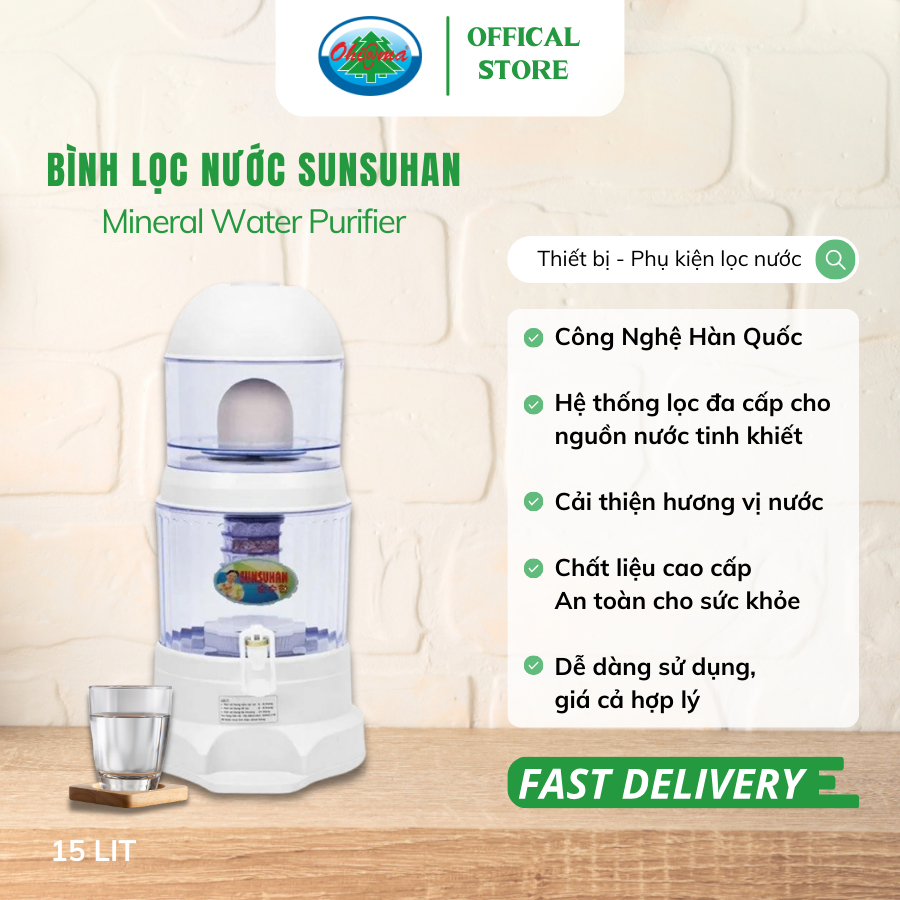 Bình Lọc Nước Sunsuhan Mineral Water Purifier 15L/ 20L - Nấm Sứ Ceramic và Lõi Lọc 5 Tầng | Ohiama