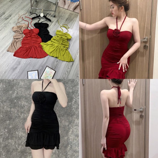 Đầm xốp cúp ngực đính hoa nhúng ôm body đuôi cá có dây cột cổ kèm mút ngực