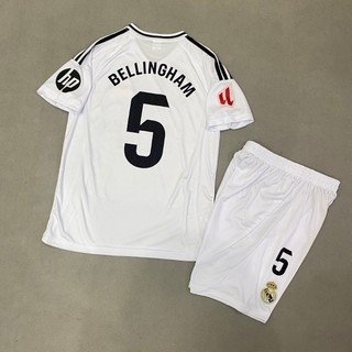 Bộ quần áo bóng đá real trắng 2025 in tên bellingham -5 font llg
