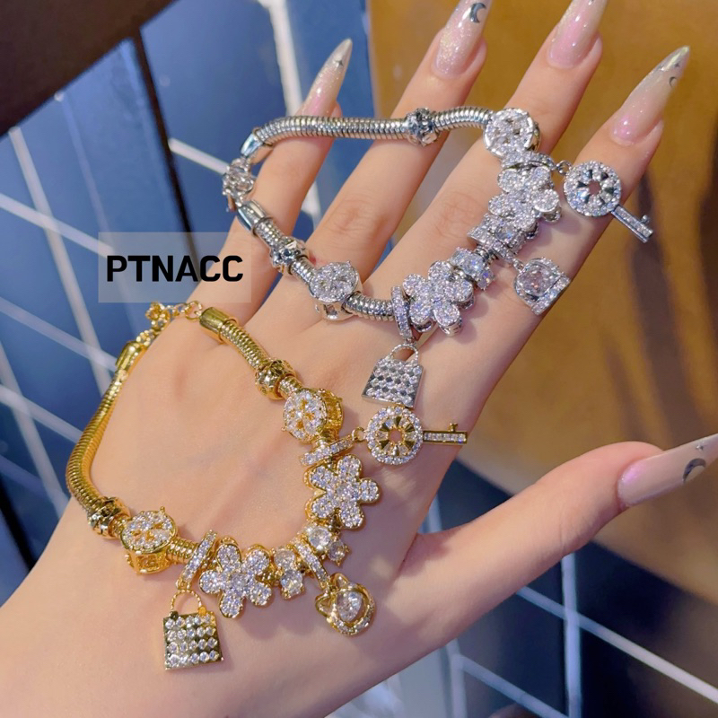 PTNACC Vòng tay, lắc pandora phối charm hoa vương miện đính đá dễ thương dành cho nữ, hk xi bạch kim