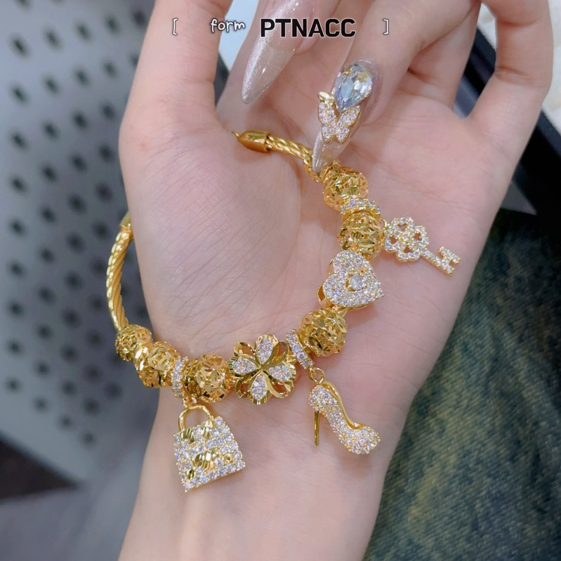 Vòng tay pandora phối charm tòn ten đính đá tấm dành cho nữ sang trọng, hợp kim xi. PTNACC