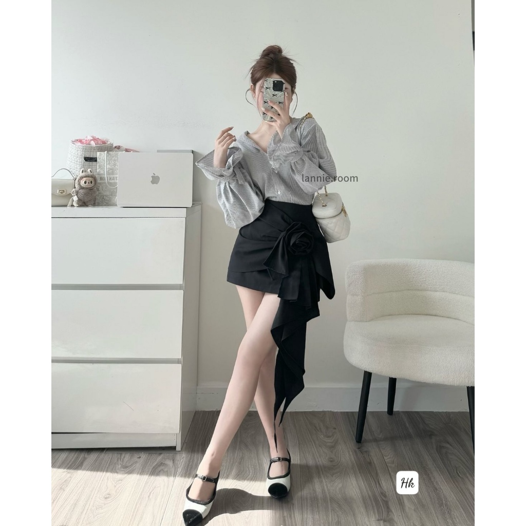 Sét Áo Sơmi Kẻ Thô Phối Tay Ống Loe Dài Mix Chân Váy Chữ A Đính Hoa Sang Chảnh_JS12