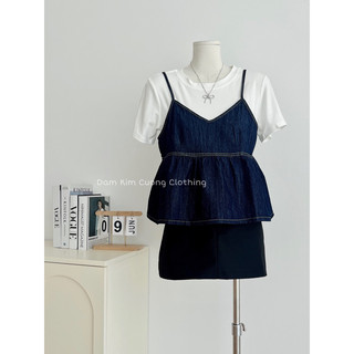 Set áo phông trắng kem 2d denim babydoll hàng QC