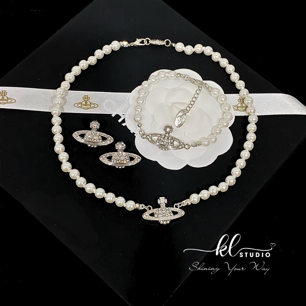  Set Vòng Cổ Vòng Tay Bông Tai KL.STUDIO Ngọc Trai Nhân Tạo Mặt Hành Tinh Vi.vi Cá Tính Sang Chảnh 