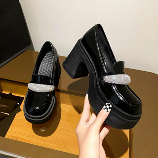 🌹 order 🌹 giày chunky mũi tròn da bóng quai đá đế cao su 10cm 34-39