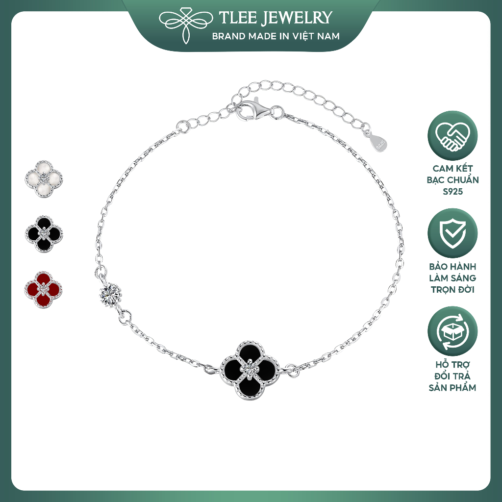 Lắc tay bạc nữ TLEE cỏ bốn lá đá mã não phong thủy Tự nhiên viền hạt đính đá nhỏ và charm mắt đá Tle