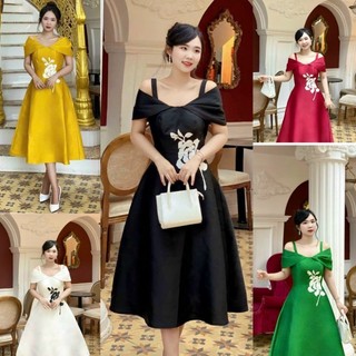 Đầm Xoè trễ vai 2 dây Bông Eo phối Màu cao cấp tặng hoa tai tko