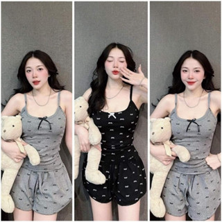 Set bộ đồ ngủ nữ áo 2 dây họa tiết nơ nhí in kín ôm body co giãn - bộ ngủ 2 dây thun mát lạnh