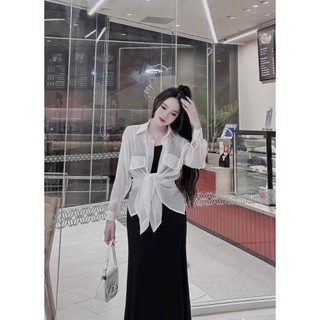 [249] Đầm body 2 dây dáng dài chất thun tăm lạnh phối áo khoác sơ mi tơ from rộng thời trang mặc đi chơi, đi biển