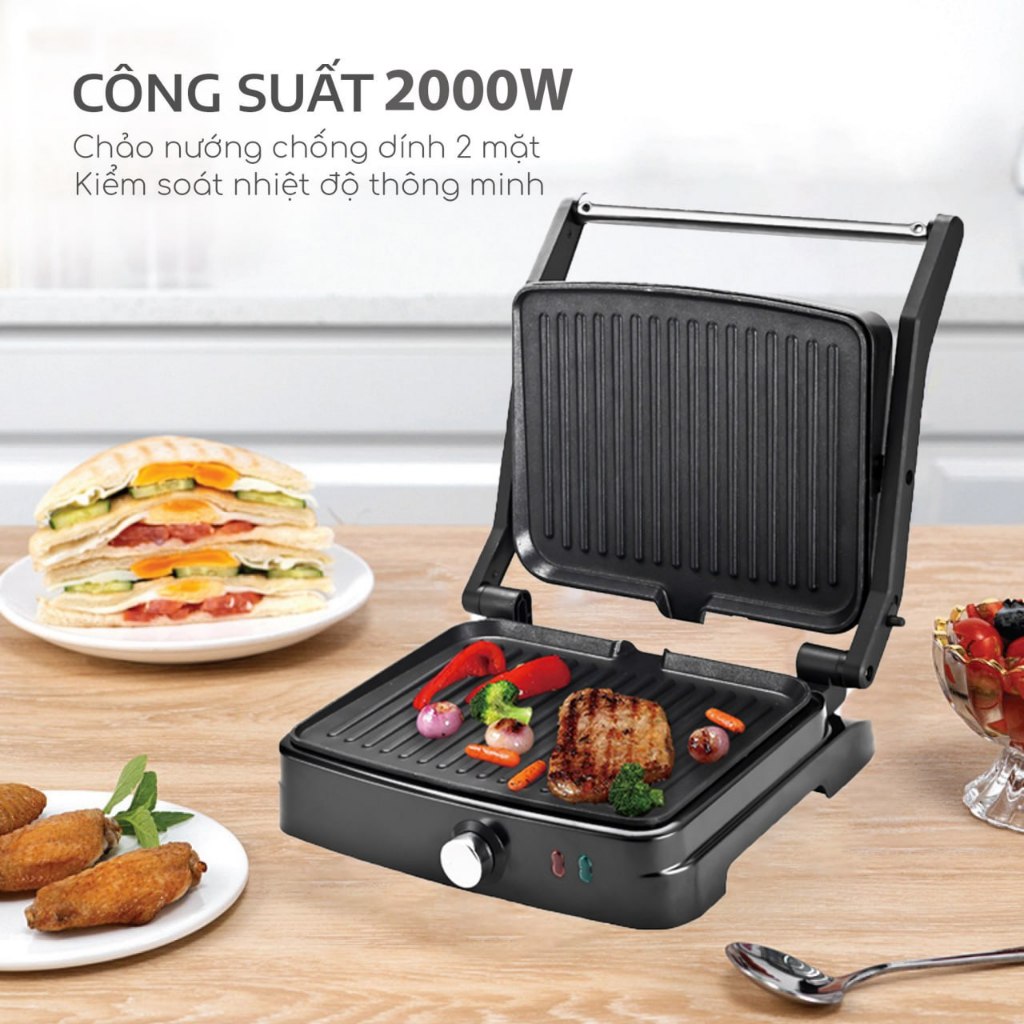 Máy nướng bánh đa năng SOKANY công suất lên đến 2000W, 2 mặt nướng chống dính nướng thực phẩm nhanh chóng - SK204