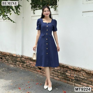 Đầm thiết kế cổ vuông tay phồng đính nút dáng xòe BEMINE MT9224