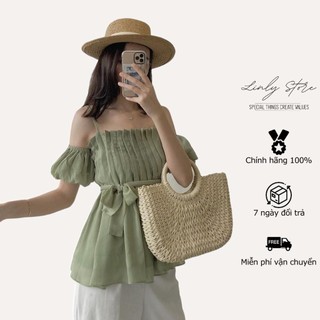 Áo trễ vai 2 dây nữ tay bồng Linly Store chất tơ mềm thiết kế dập ly A-2DL