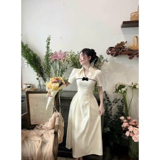 Đầm thời trang nữ đi chơi siêu xinh áo tay ngắn cổ sơ mi đính nơ trước ngực thắt eo váy chữ A dài maxi chất tuyết mưa