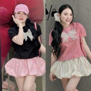 Set áo thun đính nơ đá kèm chân váy bí cột nơ bigsize (có lót quần)