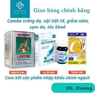 Combo trắng da chuyên sâu, nội tiết tố Lcystine 60v, DHC Vitamin C 60v, Glutathion 30v
