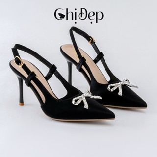 Giày cao gót bít mũi đính nơ bạc Chị đẹp store, cao gót chất tuyết nhung đính nơ bạc 9 phân mã U81