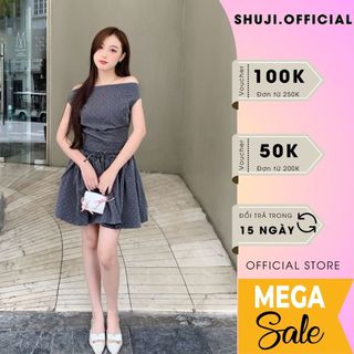 set áo trễ vai SHUJI OFFICIAL mix chân váy , chất thô đính đá sang chảnh , fom dáng chuẩn , diện lên dáng cực xinh