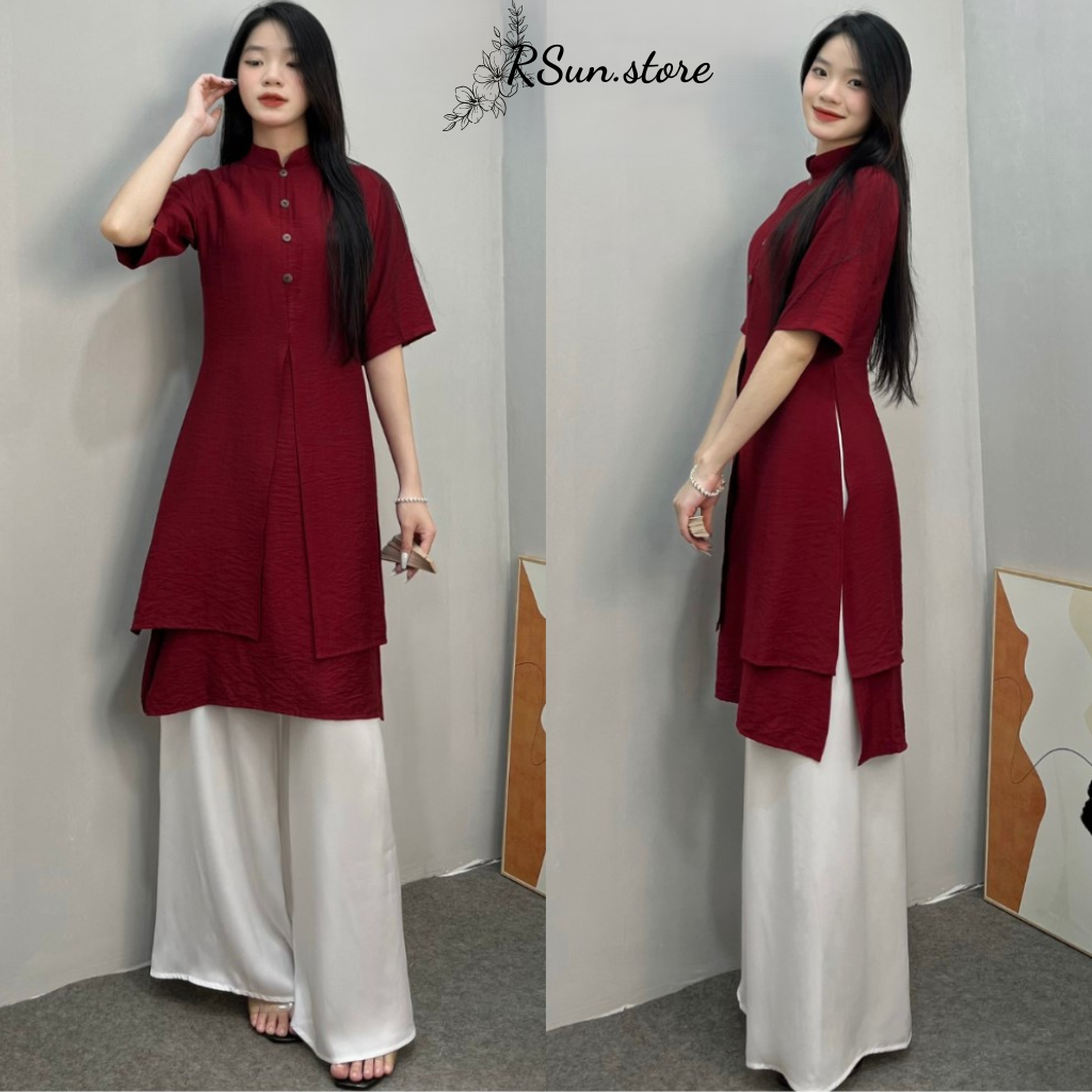 Áo dài nữ xẻ tà chất đũi xước Hàn kèm quần phối màu thanh lịch bigsize RSun, Sét áo dài nữ cách tân 241
