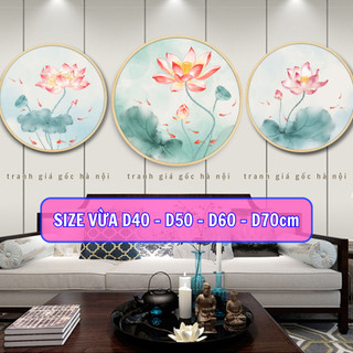 Tranh tráng gương hoa sen tròn nhiều mẫu - tùy chọn Canvas - thân gỗ chắc chắn - có khung - tặng đinh treo