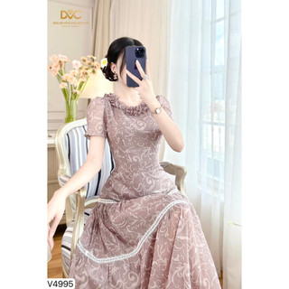 V4995 Váy đầm hoa nâu đính hoa cổ dáng xoè tiểu thư thiết kế cao cấp- CHÍNH HÃNG DVC