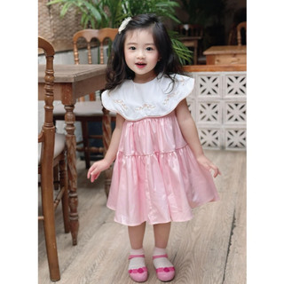 Váy Bé Gái, Đầm Váy Màu Hồng Phối Cổ Trắng Thêu Hoa Phong Cách Hàn Quốc Dễ Thương Cho Bé Gái 10kg-30kg PINKYKIDS