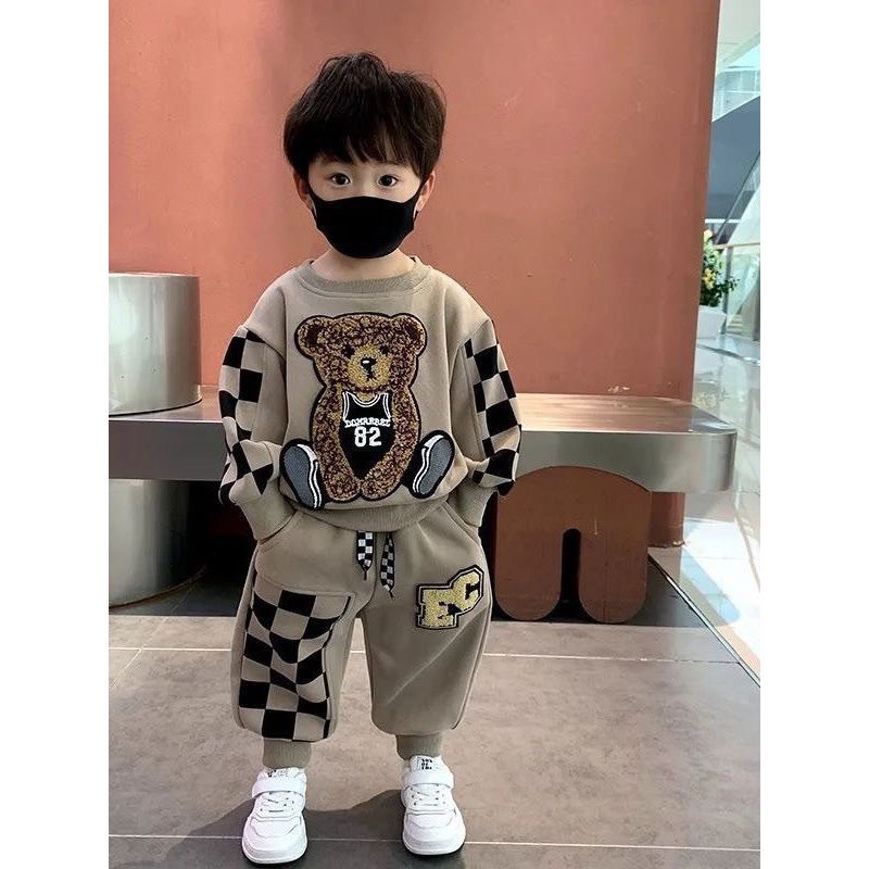 Bộ đồ nỉ bé trai hình gấu chất vải cotton cao cấp size từ 8-25kg, thời trang mùa thu đông ấm áp | LANVITA KIDS