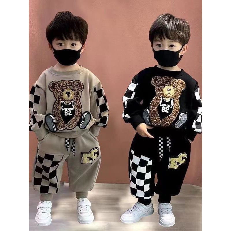 Bộ đồ nỉ bé trai hình gấu chất vải cotton cao cấp size từ 8-25kg, thời trang mùa thu đông ấm áp | LANVITA KIDS