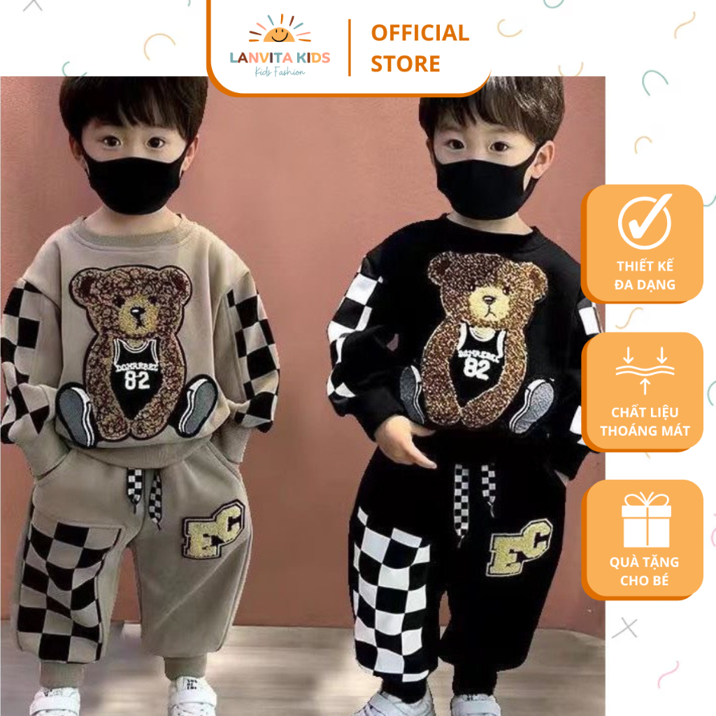 Bộ đồ nỉ bé trai hình gấu chất vải cotton cao cấp size từ 8-25kg, thời trang mùa thu đông ấm áp | LANVITA KIDS