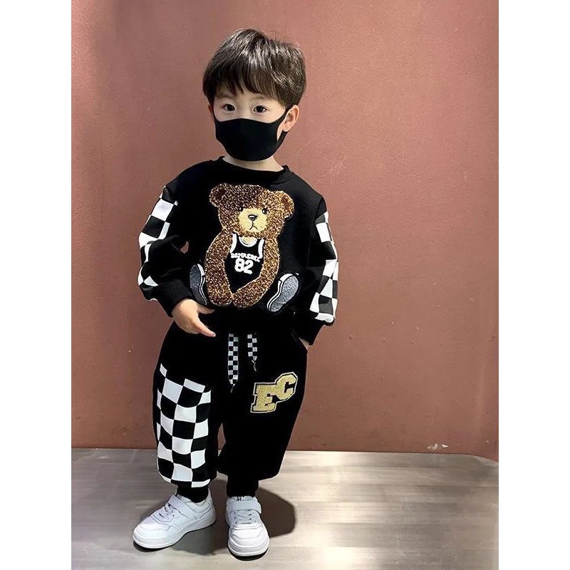 Bộ đồ nỉ bé trai hình gấu chất vải cotton cao cấp size từ 8-25kg, thời trang mùa thu đông ấm áp | LANVITA KIDS