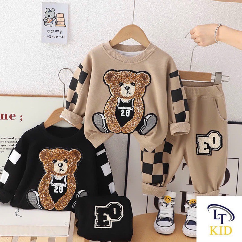 Bộ đồ nỉ bé trai hình gấu chất vải cotton cao cấp size từ 8-25kg, thời trang mùa thu đông ấm áp | LANVITA KIDS