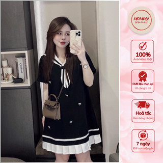 Đầm bầu thiết kế MOMMY, váy bầu xinh cổ nơ thủy thủ gắn nơ dễ thương, dáng xòe đuôi cá soang chảnh tiểu thư