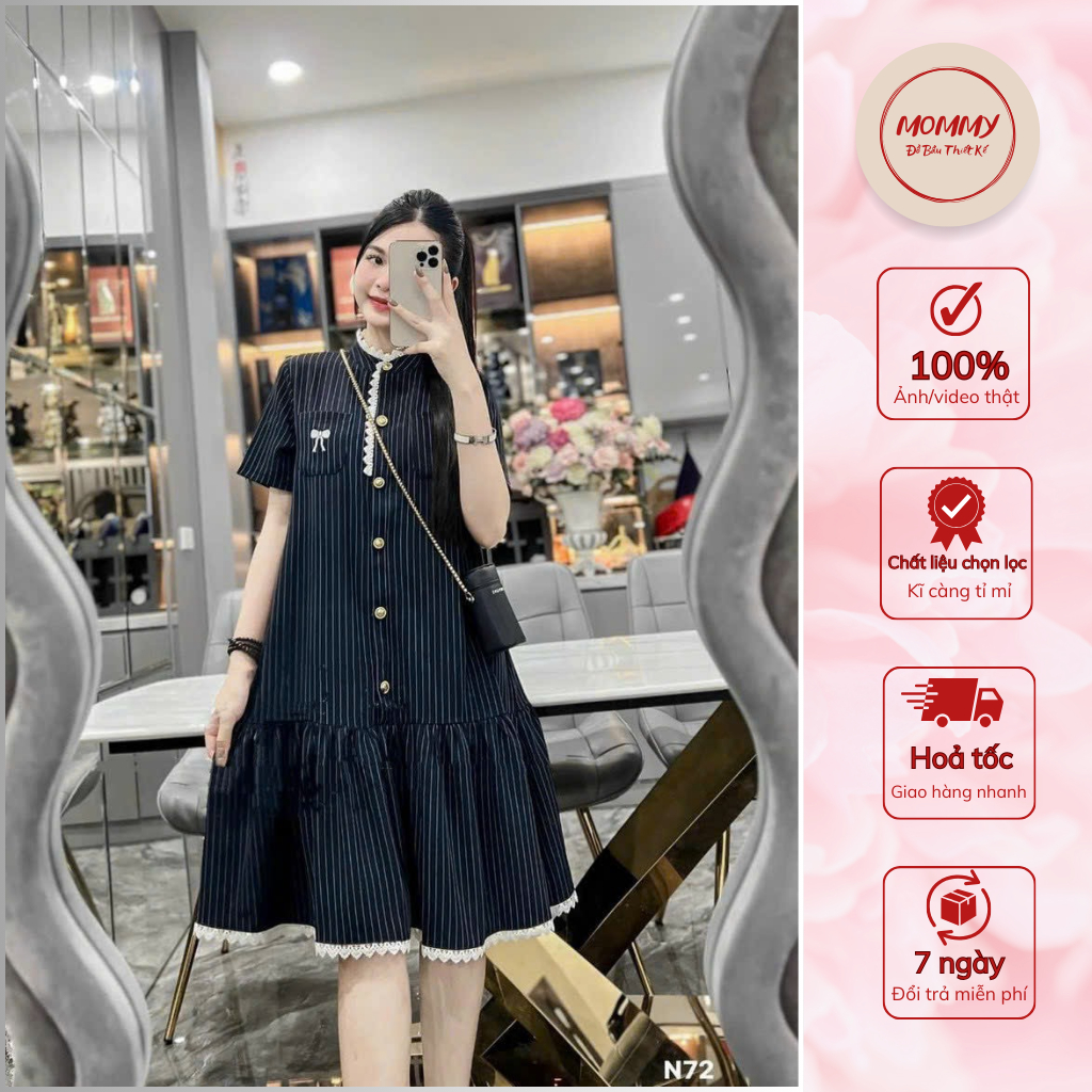 Đầm bầu thiết kế MOMMY, Váy bầu thời trang Babydoll Cổ Tàu Kẻ Sọc Xanh Than Viền Ren Thêu Nơ Túi Ngực soang chảnh