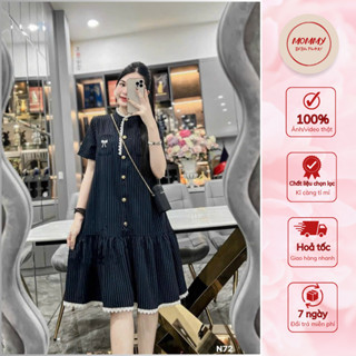 Đầm bầu thiết kế MOMMY, Váy bầu thời trang Babydoll Cổ Tàu Kẻ Sọc Xanh Than Viền Ren Thêu Nơ Túi Ngực soang chảnh