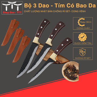 Bộ 3 Dao, Bộ Dao Nhật Bản, Bộ Dao Lưỡi Thép, Bộ Dao Nhà Bếp - Chuôi Tím Có Bao Da