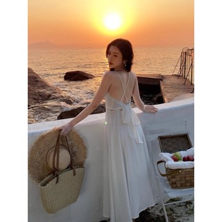 (ORDER-Sẵn Trắng L) Váy hai dây maxi hở lưng đi biển thắt nơ sau lưng gợi cảm hàng QC cao cấp loại 1