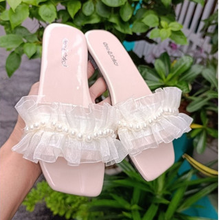 Dép nữ quai ngang bèo nhún đính ngọc sang trọng trời trang cao cấp Depvashock có size lớn 42 43