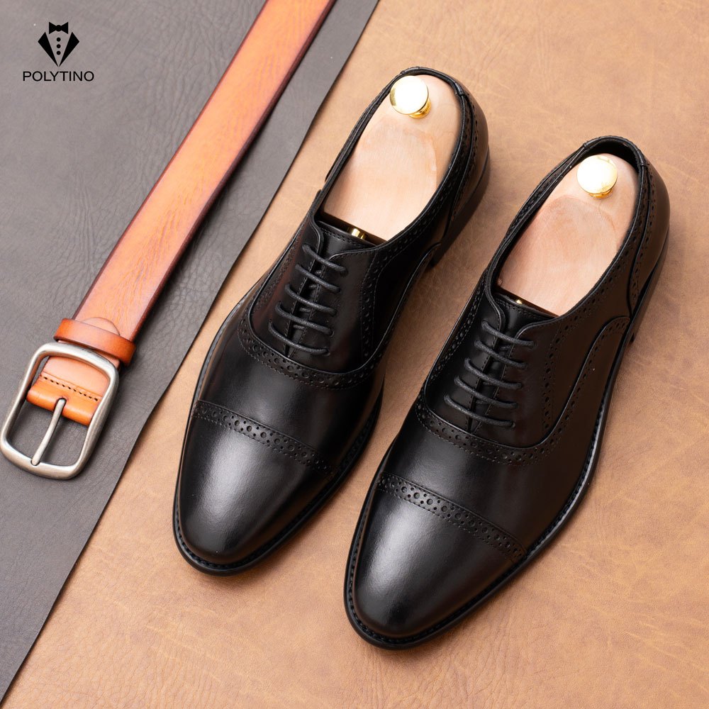 Giày Tây Nam Công Sở Oxford 0169 POLYTINO Giày Cưới Da Bò Cao Cấp Đế Gỗ Cao Cấp Tăng Chiều Cao BH 12