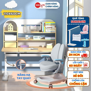 [ĐẶC BIỆT] Bộ bàn học chống gù Gỗ tự nhiên Sakawin S110 Bàn học cho bé kèm giá sách vòm, Kích thước lớn 1m1
