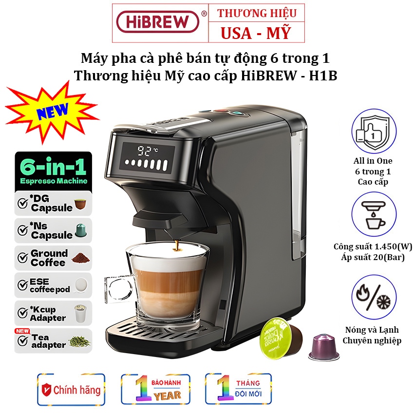 Máy Pha Cà Phê Viên Nén HiBREW H1B 6-in-1 Thương Hiệu Mỹ, 7 Cấp Độ Nước,1450W (Bảo Hành 1 Năm)