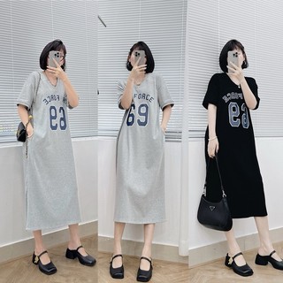 Váy suông dáng dài số 69, đầm suông cổ V dáng rộng chất thun cotton co dãn thời trang hai màu