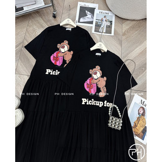 Váy babydoll dáng xoè tầng in gấu xinh chất thun co dãn form rộng thời trang màu đen bầu mặc xinh