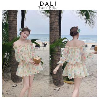Váy Trễ Vai Hoa Sắc Màu Dáng Tiểu Thư Chất Liệu Tơ Hàn Sang Chảnh Tặng Kèm Quần Rời