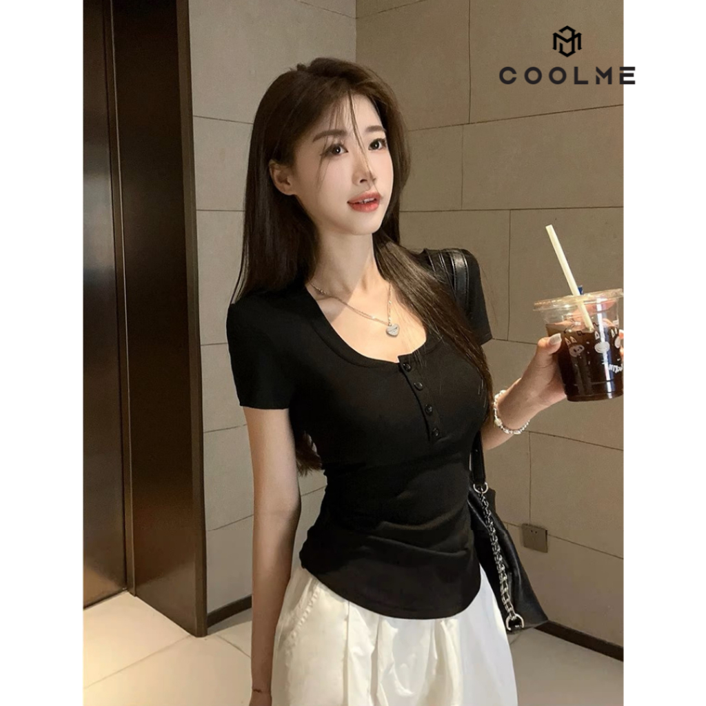 Áo thun nữ ôm body Coolme, áo kiểu nữ vạt bầu ngắn tay có cúc cổ cúp ngực chất thun tăm phong cách Hàn Quốc-GCC | BigBuy360 - bigbuy360.vn