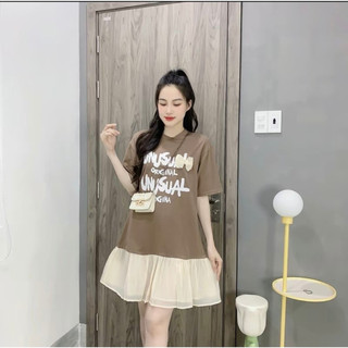 Váy suông in hoạ tiết chữ phối chân voan - Đầm suông chất cotton co dãn mềm mịn đính nơ thời trang