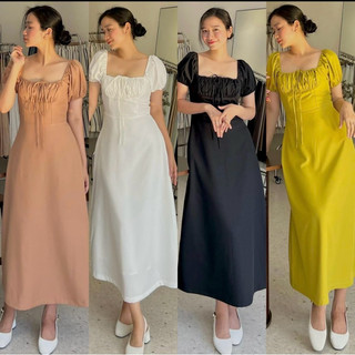 Đầm vải lụa rút ngực dáng middi - Thương