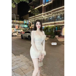 đầm cúp phối lưới lông - đi dự tiệc, sinh nhật, đám cưới