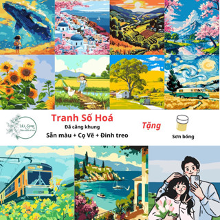 [Tặng sơn bóng] Tranh tô màu theo số khổ 20x20cm đã căng khung- Nhiều mẫu hot trend