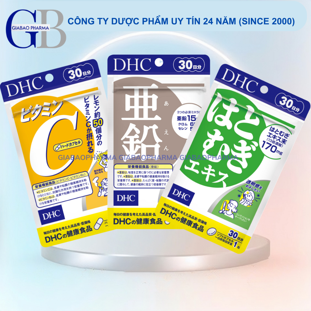 Combo Viên uống DHC Vitamin C + Kẽm + Ý dĩ sáng da mờ thâm ( Vitamin C 30v- Ý dĩ 30v- kẽm 30v)