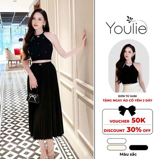 Áo nữ cổ yếm thiết kế đính nơ mix chân váy xếp ly sang chảnh Youlie