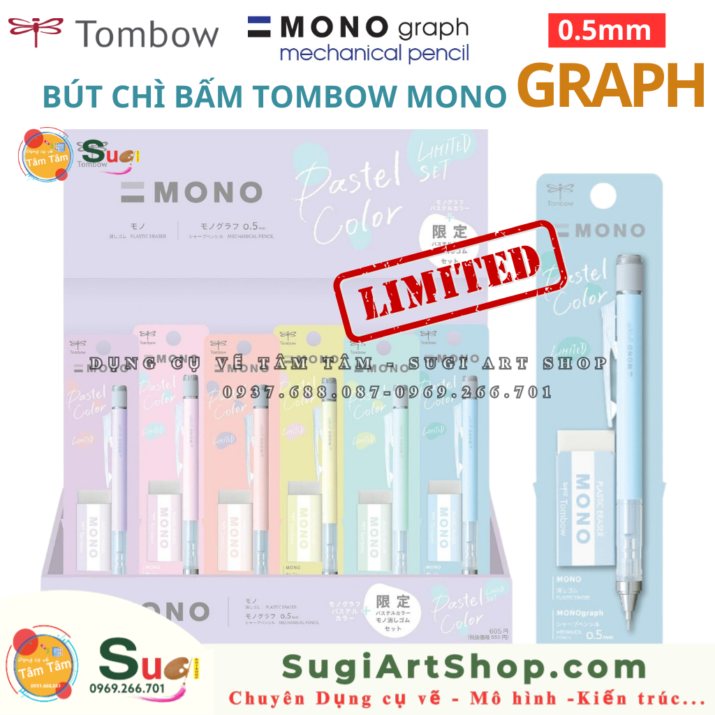 Bút chì kim bấm TOMBOW 0.5mm kèm gôm , tông màu Pastel - dòng Mono Graph lắc đẩy ngòi